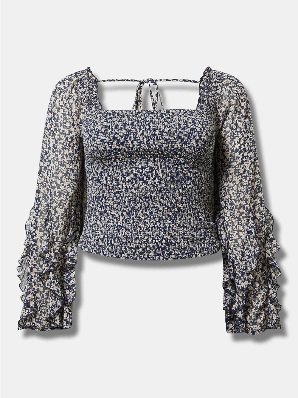 Smocked Square-Neck Floral Blouse in Navy and Cream nwt
